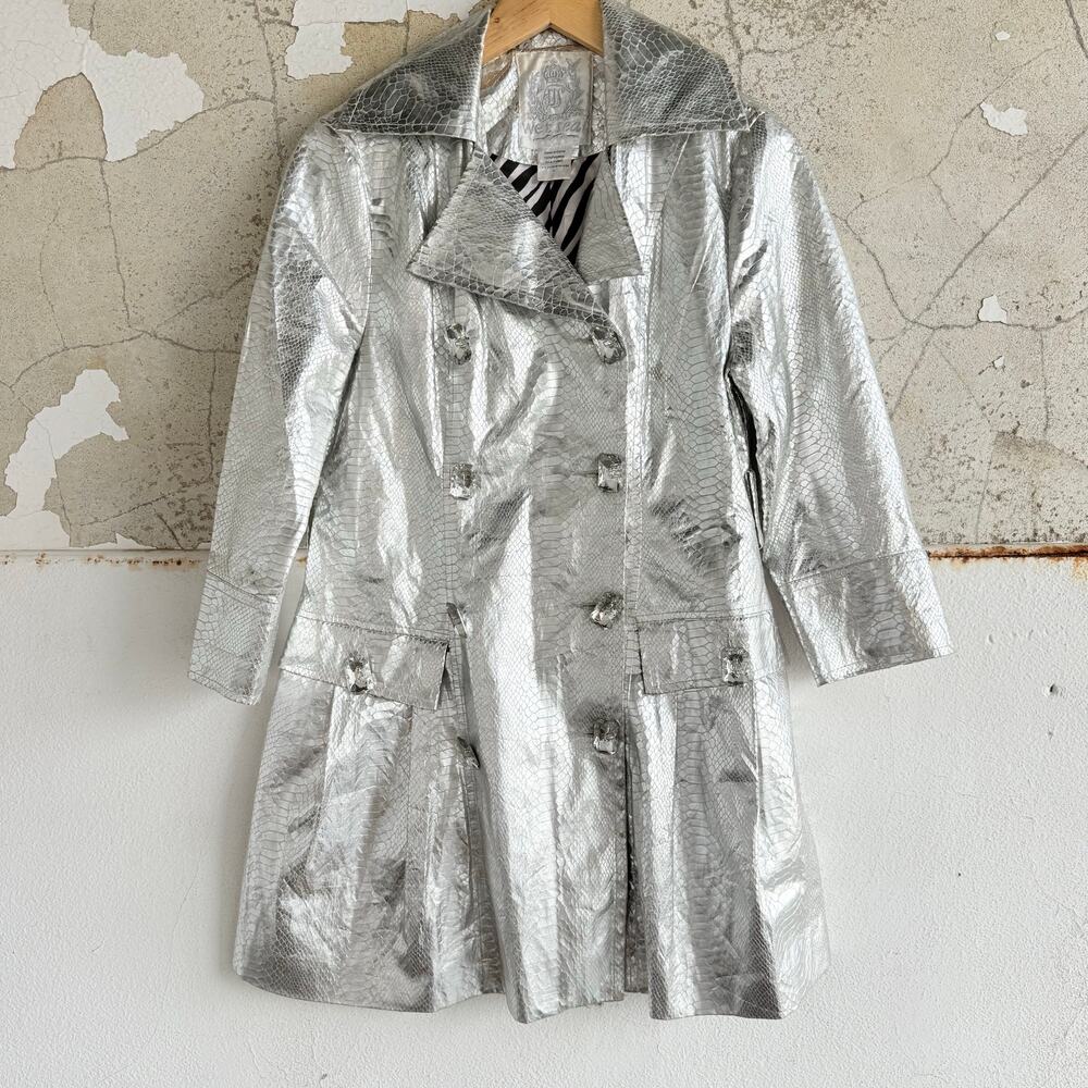 Y2K Wet Seal Snake Print Trench Coat Metallic Silver‎ Jacket Womens S Vtg 2000s